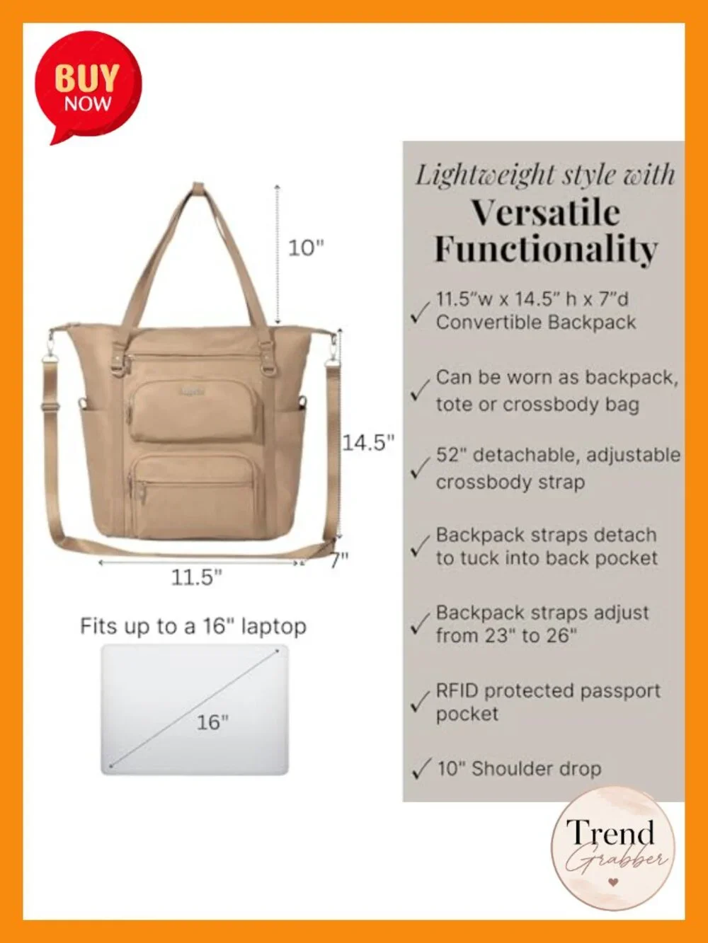 Convertible Travel Backpack RFID Tote Crossbody w/ Laptop Sleeve Luggage Sleeve